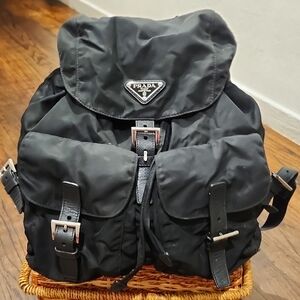 Prada Black Nylon Drawstring Backpack with Leather Trim